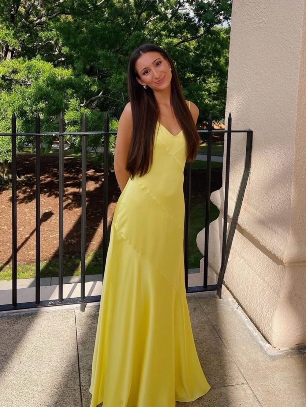 NWT Belle Badgley Mischka Sky Satin Canary‎ Yellow Maxi Slip Dress Formal Gown